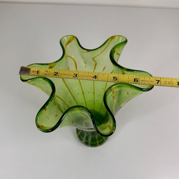 Eastern Hand-Blown Green Glass Vase With Yellow & Red Swirl Design 10.5" - Picture 11 of 12